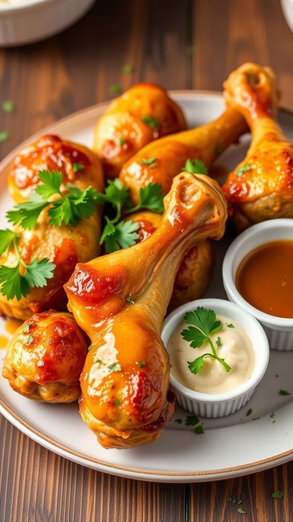 Crispy baked chicken drumsticks on a plate, garnished with parsley, with a bowl of dipping sauce.